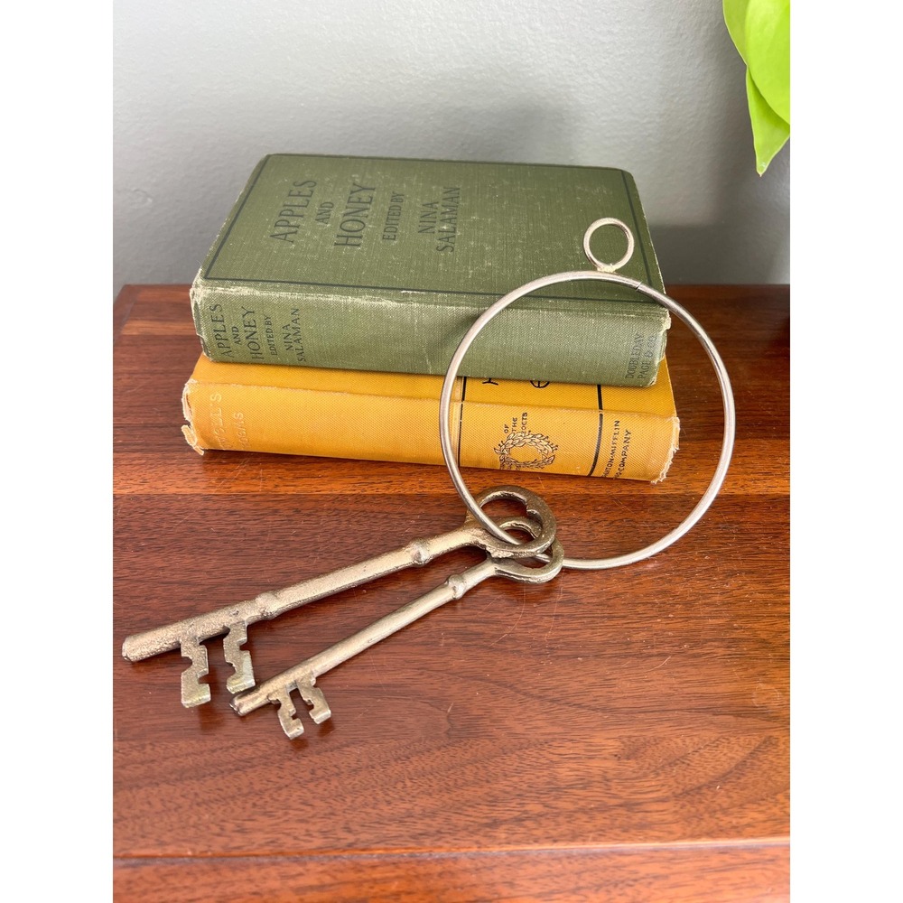VTG MCM Metal Bronze Cast Iron Skeleton Key Wall Decor 5" Set Lot Of 2 On Ring